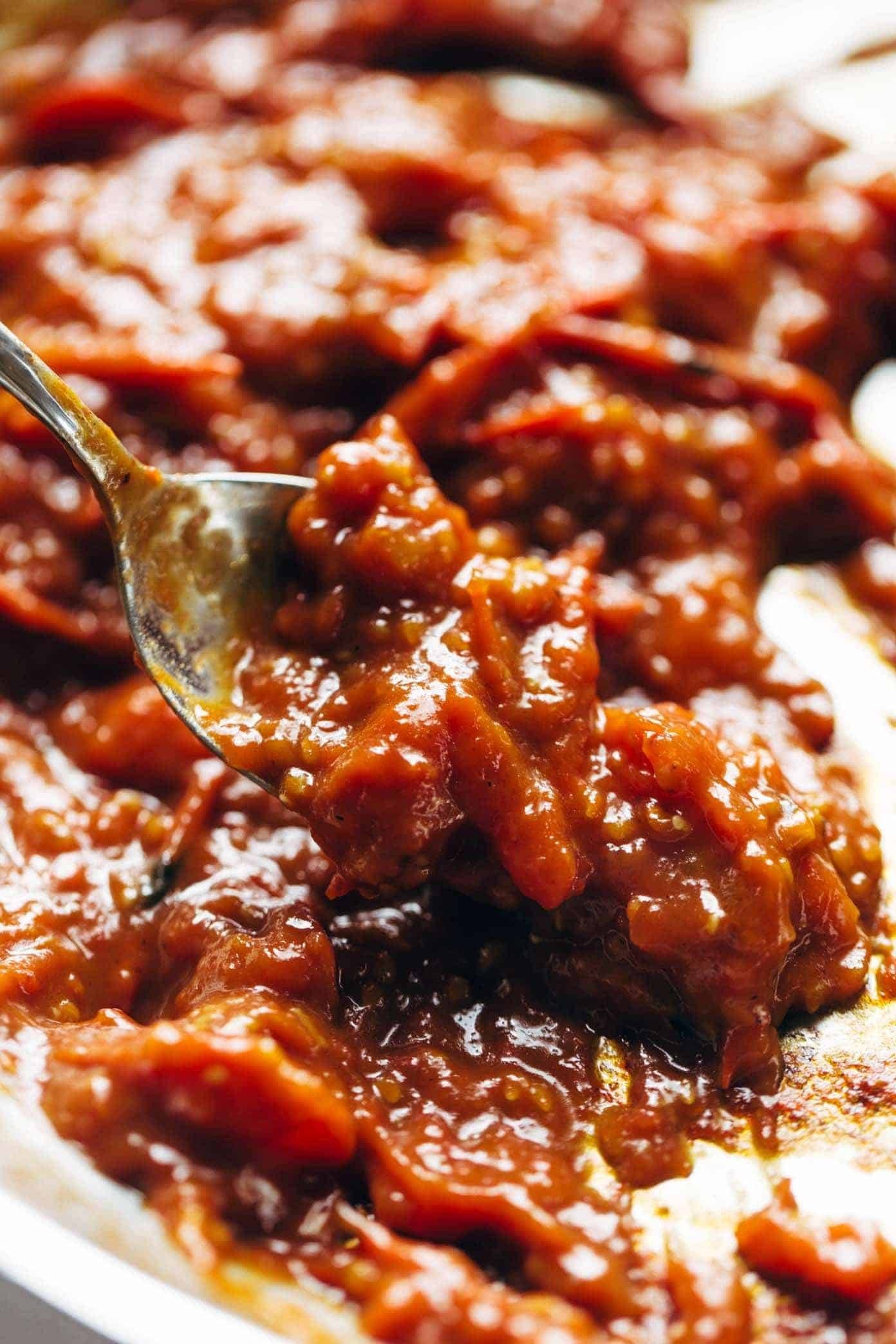 Tomato garlic butter sauce in a pan.