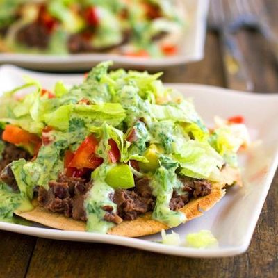 A picture of Healthy Black Bean Tostadas with Cilantro Sauce