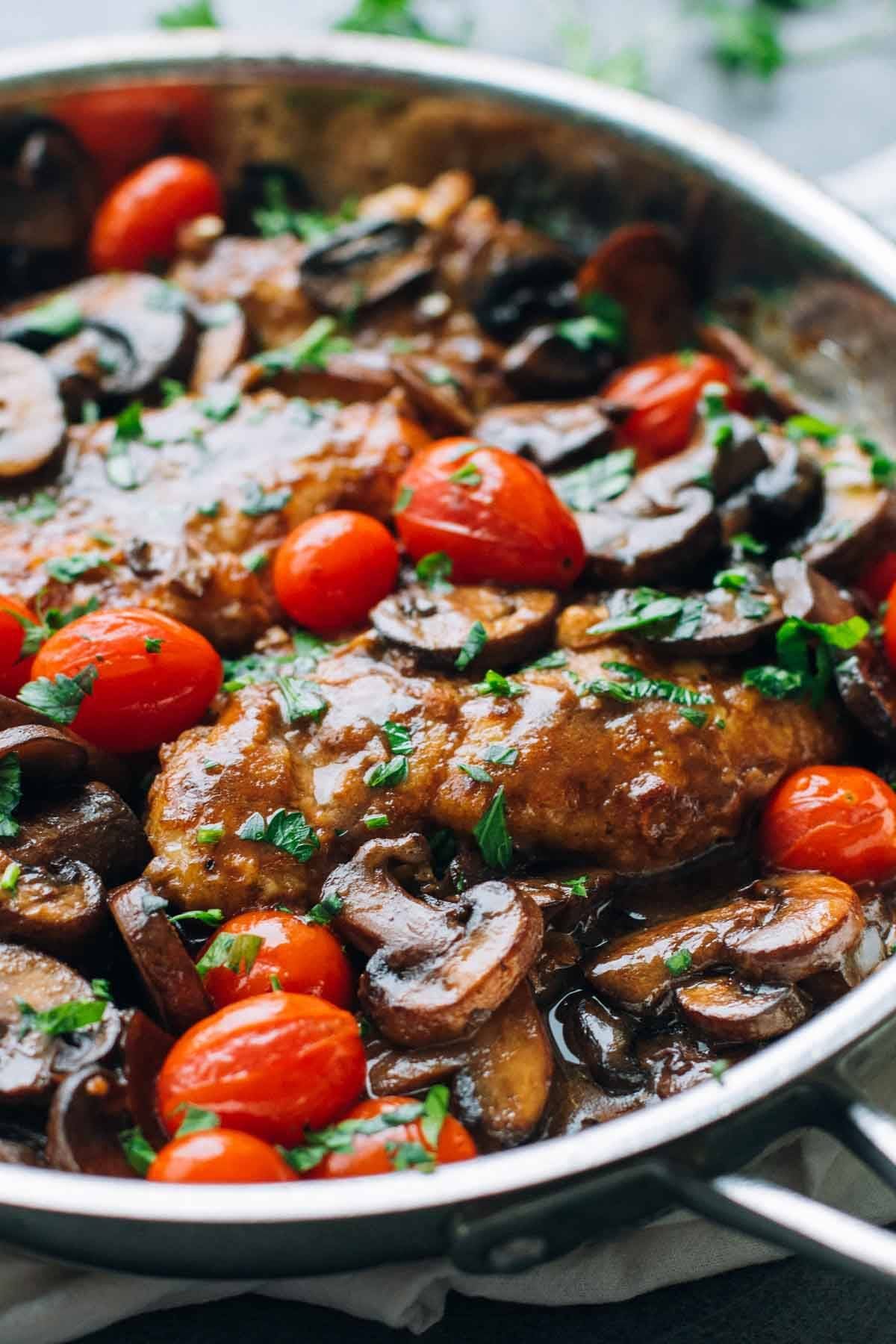 Chicken Marsala in a skillet.
